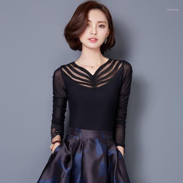 

spring autumn long sleeve t-shirt women hollow fashion v collar bottoming shirt mesh yarn slim lace elegant casual t-shirt h91541, White