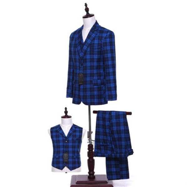 

royal blue plaid men wedding suits groom tuxedo bridegroom business formal suits (jacket + pants + vest) custom made, White;black