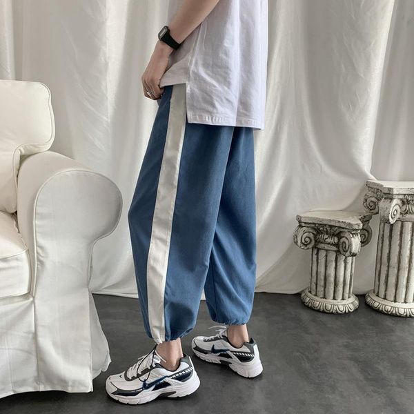 

hong kong style casual athletic pants male loose ins fashion stream versatile couples stripes beam foot drawstring capri sweatpa, Black