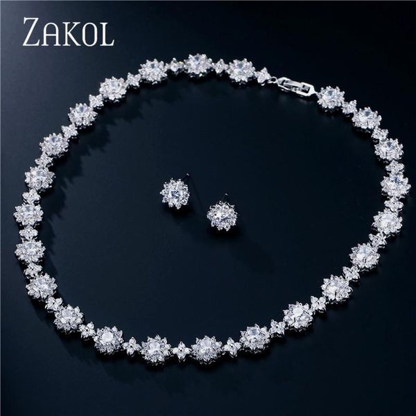 

zakol dazzling round zirconia flower bridal wedding jewelry sets for elegant women party dinner dress fssp121, Silver