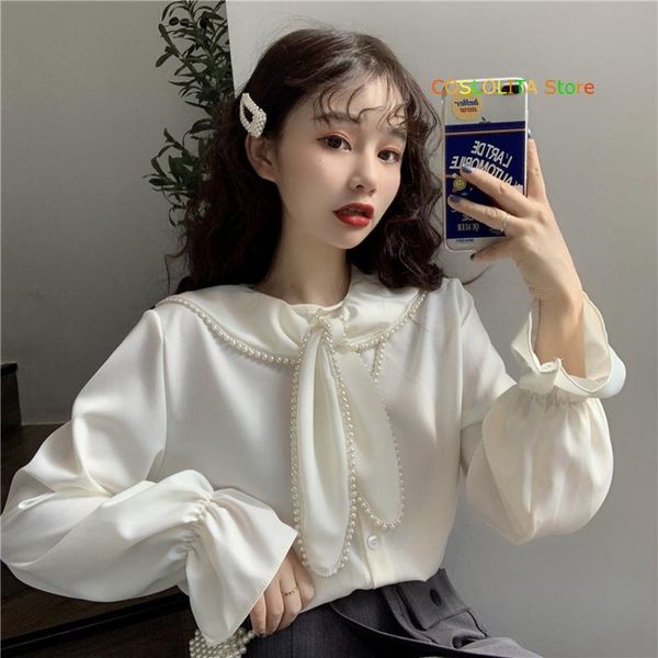 

women's blouses & shirts spirng autumn japanese women long sleeve blouse doll collar puff cardigan wild soft sister student cute shirt, White