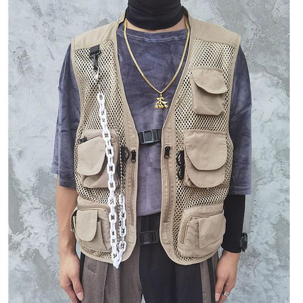 

male women sleeveless waistcoat jacket men mesh multiple pockets streetwear hip hop function style casual cargo vest outerwear1, Black;white