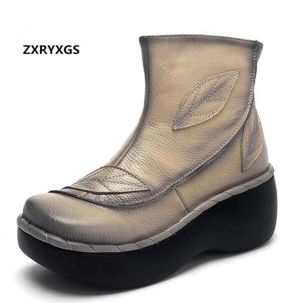 

zxryxgs brand boots flowers women shoes fashion boots 2020 spring women platform wedges cowhide leather shoes woman, Black