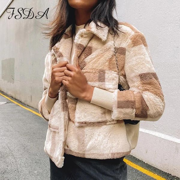 

fsda long sleeve autumn winter fur faux coat women patchwork turn down collar warm casual ladies short jacket fashion outwear, Black;brown
