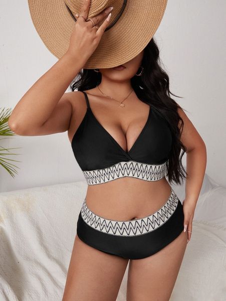 

plus chevron print tape bikini swimsuit v57g#, Black