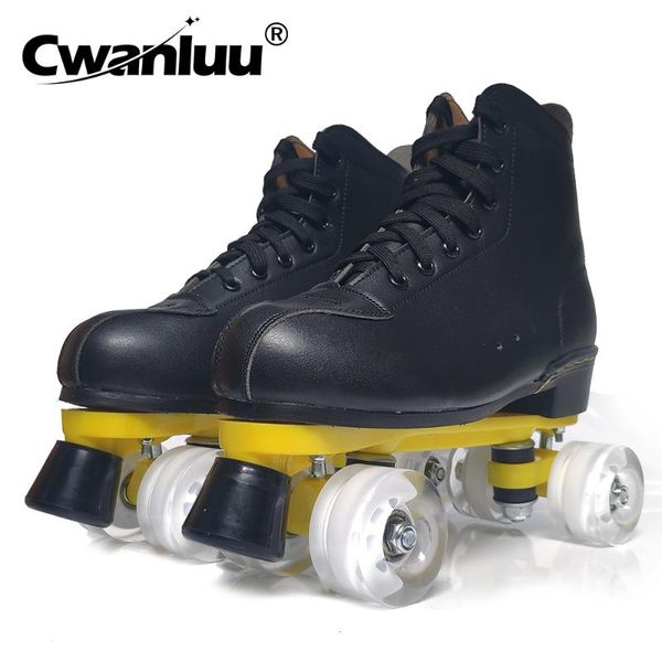 

inline & roller skates 100% cowhide lether black white luxury woman girl man double row patines skate shoes pu wheel europe size 35-45