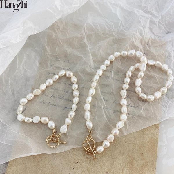 

hangzhi 2020 new korea simple choker irregular natural freshwater pearls heart shape golden metal buckle necklace for women, Golden;silver