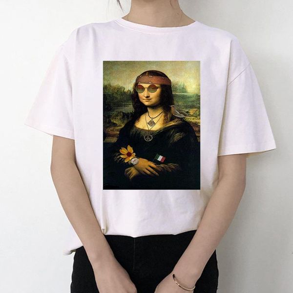 

2020 летняя мона лиза принт t рубашки женщины tees повседневная о-шея короткая рукав harajuku холодная футболка женские топы, White