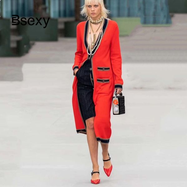

women long cardigan runway v neck single breasted pockets red cardigan oversized sweater knitted coat outerwear, White