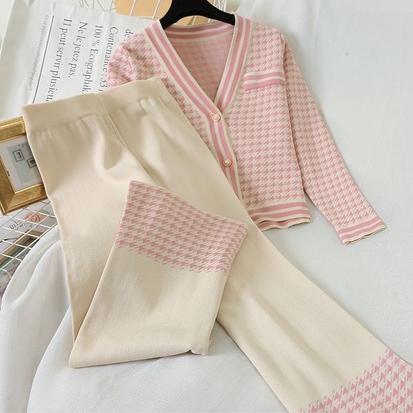 

women knit houndstooth cardigan long sleeve sweater coat + wide leg pants sets elegant v-neck jacket trousers 2pcs plaid outfits 201109, Black;brown