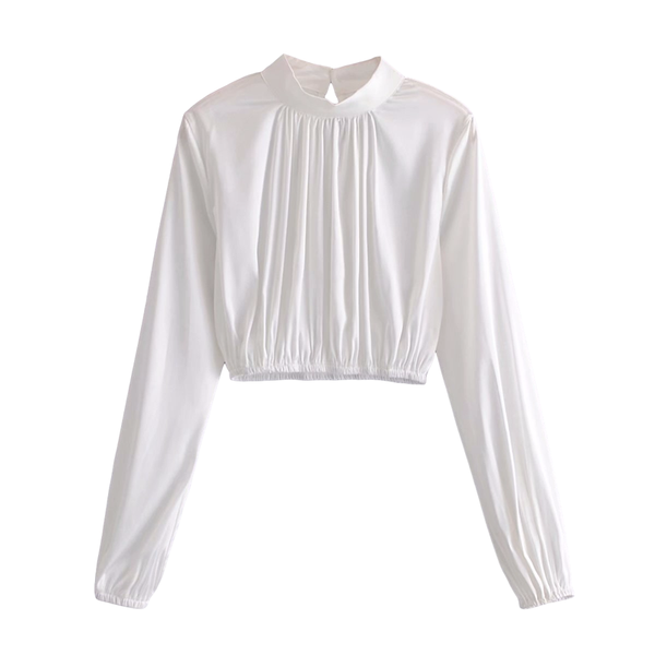 

elegant women turtleneck lantern sleeve shirts 2020 fashion ladies short streetwear female chic solid draped blouses, White