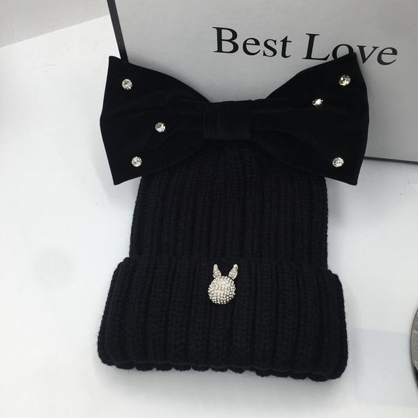 

beanie/skull caps large stereoscopic bowknot rhine stone shullies beanies for women knitting hat female warm sweet lovely, Blue;gray
