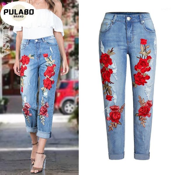 

2020 ladies high waist mom female floral jeans for women trousers denim pencil pants ripped jeans woman straight mujer femme1, Blue