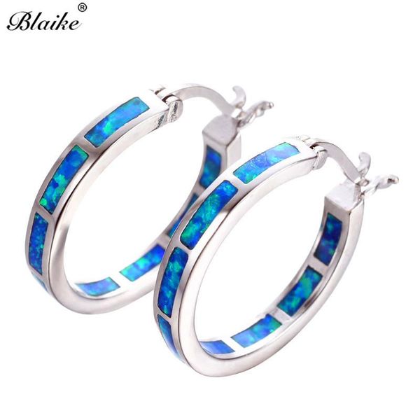

blaike big round circle blue fire opal hoop earrings for women silver color birthstone earring simple fashion gift, Golden;silver
