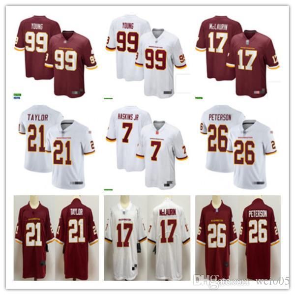 

men women youth washington football team 99 chase young 17 terry mclaurin 7 dwayne haskins 21 sean taylor 26 adrian peterson jersey, Black;red