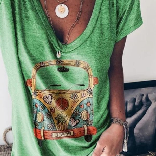 

7129h 2020 women's casual v-neck short sleeve 2020 maxi car v-neck loose women's casual printed short t-shirt loose maxi car print, White