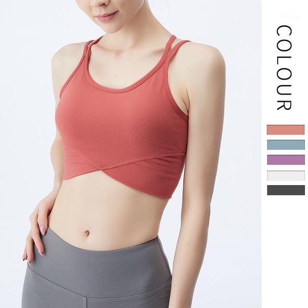 

woman shockproof running gather sports fitness bra high support thin belt cross beauty back yoga bra seamless sports1, White;black
