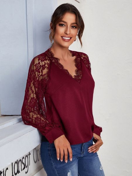 

contrast lace raglan sleeve blouse k4fo#, White