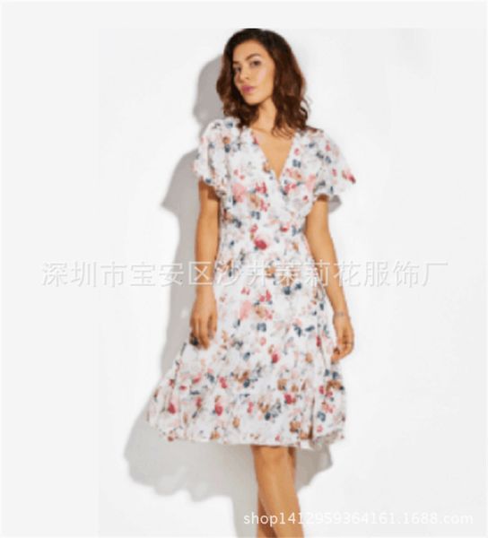 

spring new deep v lace wind up ruffle sleeve print big skirt fashion dress, Black;gray