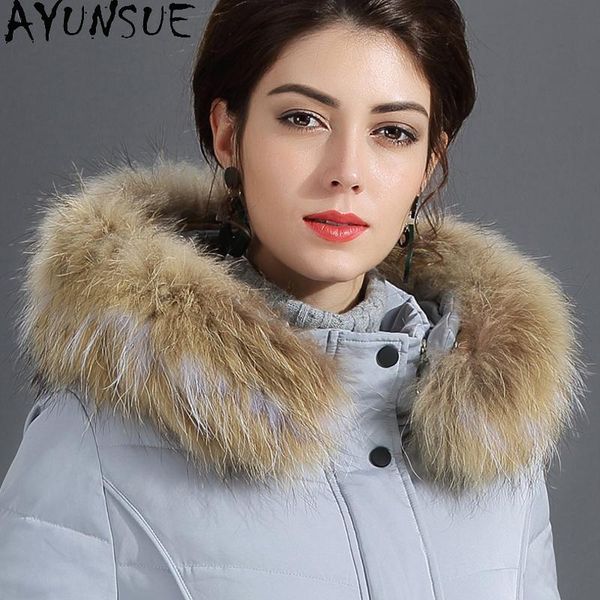 

ayunsue fashion women's down jacket real raccoon fur collar hooded female jacket women coats mujer parkas zjt247, Black