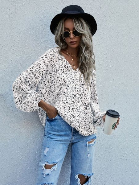 

speckled print v-neck peasant sleeve w7n9#, White