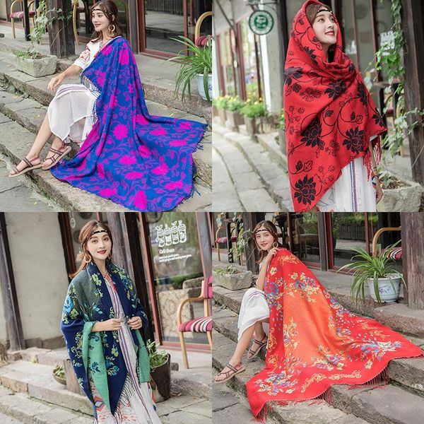 

scarf warm square scarf ethnic super long female travel autumn winter cloak tassel fashion printing cashmere-like shawl bufanda, Blue;gray