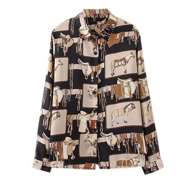 

vintage cartoon print women blouse casual long sleeve lapel female and blouses loose fashion shirt camisas femininas1, White