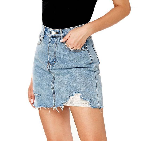 

2020 new arrivals summer style denim skirt women high-waist ripped hole blue demin skirts night club short skirt1, Black