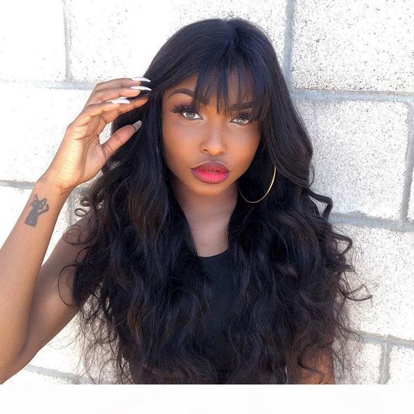 

brazilian lace front wig with bangs for black women preplucked virgin hair glueless wet and wavy full lace human hair wigs with bang, Black;brown