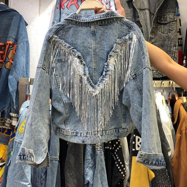 

women's jackets 2021 autumn heavy work fringed sequins retro-washed denim jacket womens short jeans coat girls students jean coats, Black;brown
