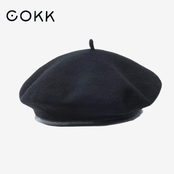 

cokk wool beret autumn winter hats for women solid color flat painter cap woolen beret with pu leather boina feminina beanie hat 201012, Blue;gray
