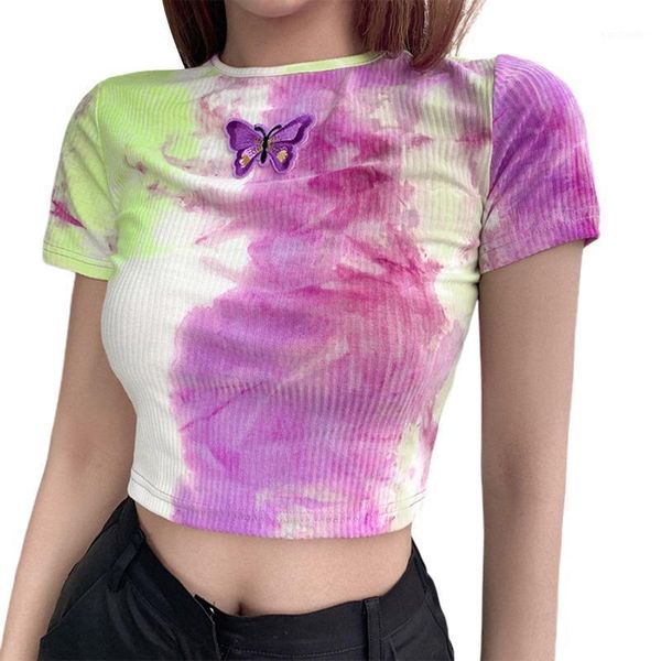 

yoga outfits womenÂ´s knit crop short sleeve tie dye butterfly print basic tee shirt sportswear for summer1, White;red