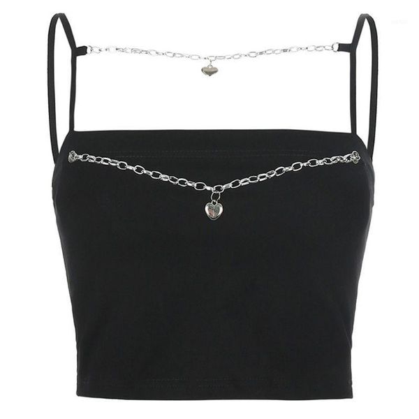 

women gothic spaghetti strap crop metal chain heart pendant slim camis vest1, White