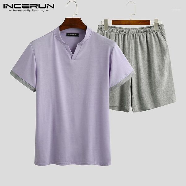 

incerun cotton homewear men pajamas sets short sleeve v neck sleepwear shorts 2 pieces patchwork summer casual men nightwear set1, Black;brown