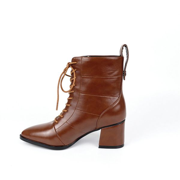 

2021 new square high heel fashion ankle autumn winter pointed toe women shoes pu leather lace up short boots size 34-43 9mfk, Black