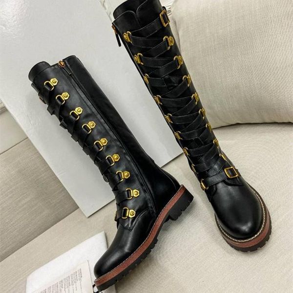 

boots gold buckle cross strap knee high women genuine leather winter, Black