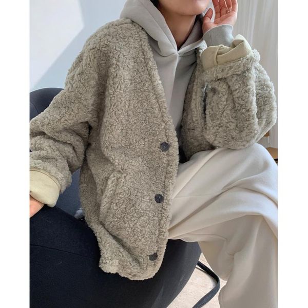 

women's wool & blends winter korean fashionable lazy silhouette lamb coat loose thin versatile casual thick for women, Black