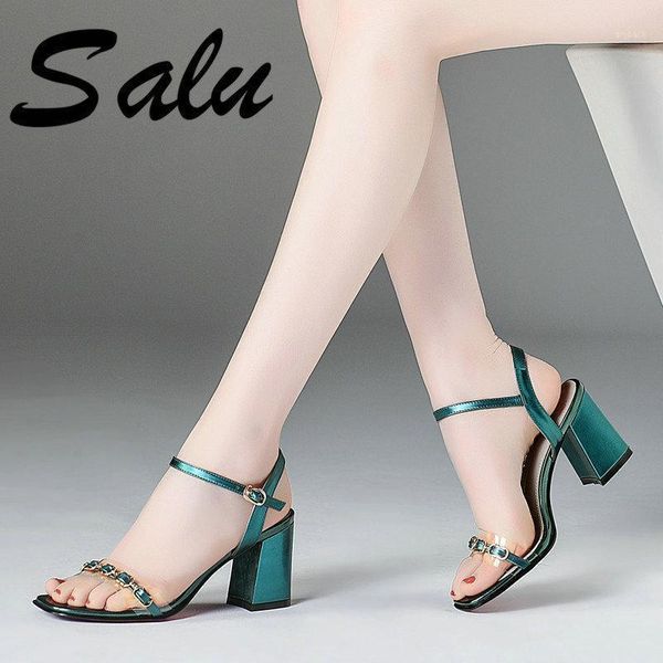 

dress shoes salu elegant sandals women buckle genuine leather chunky square heel gladiator rome ankle strap woman1, Black