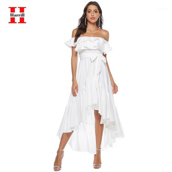 

casual dresses ruffled slash neck dress party women high waist belt lace-up mermaid white off shoulder backless vestidos1, Black;gray