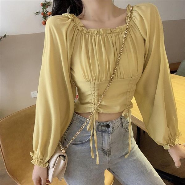 

2021 new elegant blouse women puff sleeve square collar shirt solid female ruffle chiffon korean fashion clothes autumn 8whm, White