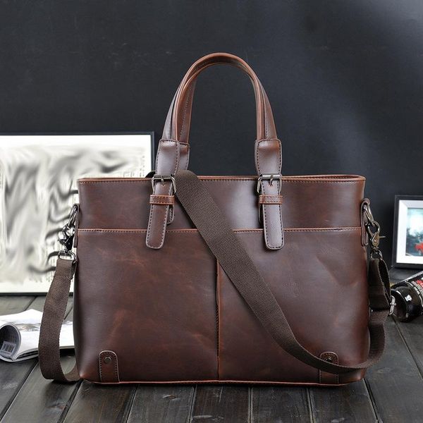 

briefcases retro solid crazy horse pu leather men's bag for lapcasual briefcase shoulder men messenger crossbody handbag