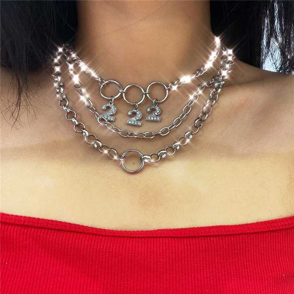 

luokey silver color punk round choker collar layered hip hop rock chains necklace for women numbers crystal minimalist jewellery, Golden;silver