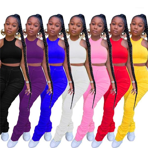 

designer tracksuits vest drawstring long stacked pants womens 2pcs sets casual females clothing solid color womens, Gray