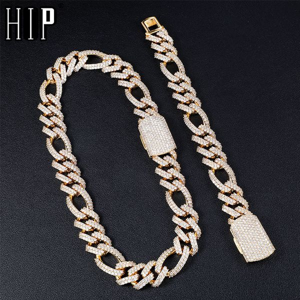 

hip hop 18mm 2 row bling iced out box buckle figaro 2set cuban chain copper setting aaa+ cubic zirconia necklace for men jewelryq0115, Black