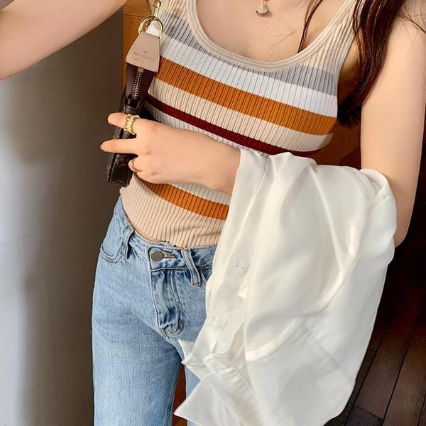 

mishow 2021 spring new camis casual striped short knitted tank female knitwear fashion mx20b5259, White