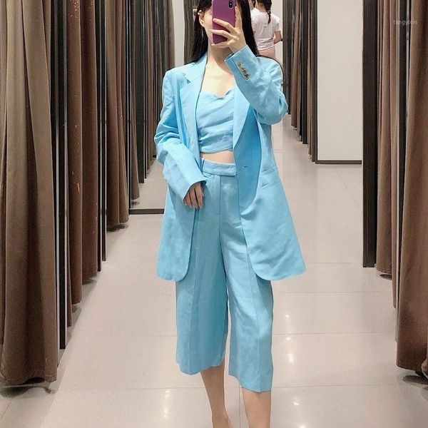 

women blazer and capri autumn 2020 new fashion long outwear short pants modern lady sets1, White