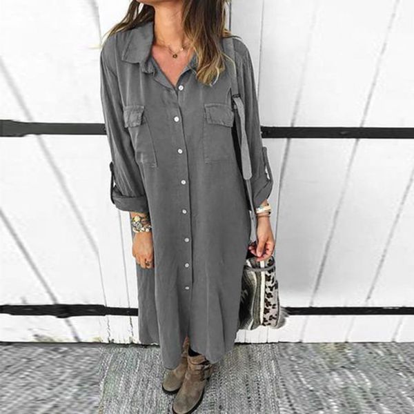 

#h40 solid color long sleeve shirt dress women fashion buttoned pocket summer dress casual loose dresses vestido streetwear, Black;gray