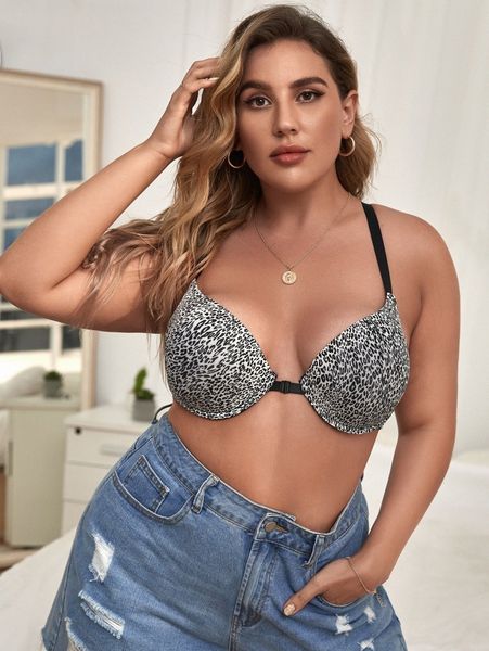 

plus leopard print front buckle underwire bra t4tu#, Black;white
