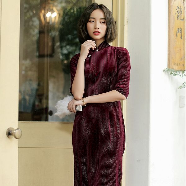 

beizhiyun new autumn mid long 5 4 sleeve improved girl qipao cheongsam two color cheongsam girl gowfy, Black;gray