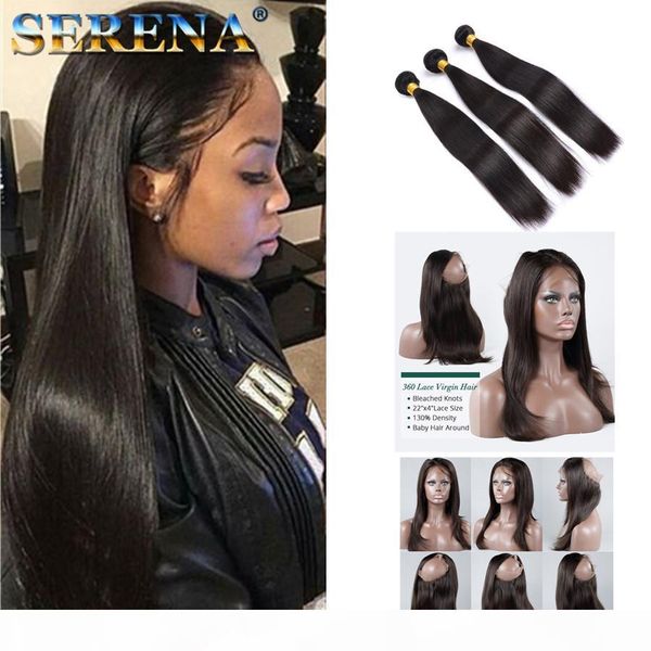 

7a brazilian straight hair 360 frontal with bundles straight human hair with closure 360 lace frontal with bundles pre plucked 360 closure, Black;brown